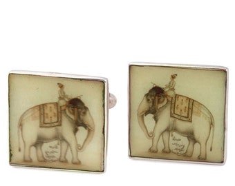 Indian Vintage Hand Painted Cufflinks, Painted Elephant Cufflinks, Groomsmen Cufflinks, Gift For Him, Painted Square Cufflink, Gift For Him