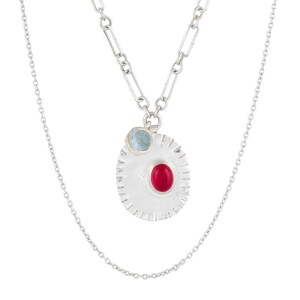 Collar de medallón de cuarzo rojo y aguamarina, collar de plata de ley 925, collar colgante de ficha en forma de moneda, collar de 2 hebras, regalo para ella