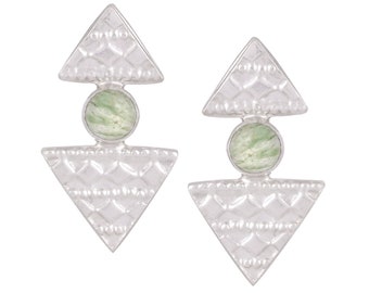 Orecchini a bottone geometrici in argento sterling con avventurina verde