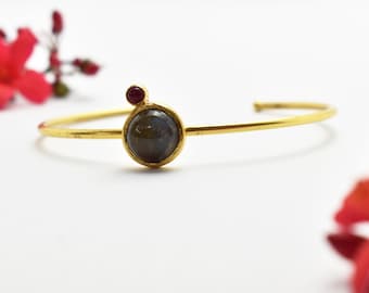 Labradorite & Red Quartz Gold Bangle, 925 Sterling Silver Gold Plated Bangle For Women, Open Back Bangle, Handmade Adjustable Bangle