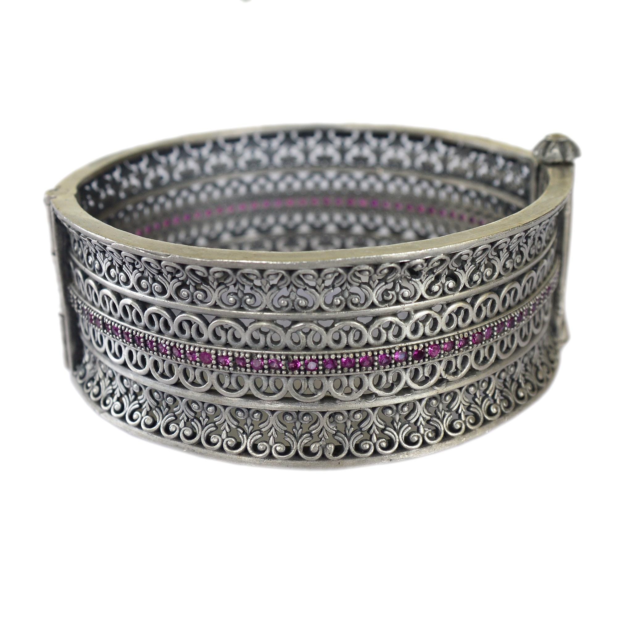 Oxidized Sterling Silver Bangle: Handmade Indian Zircon Bridal