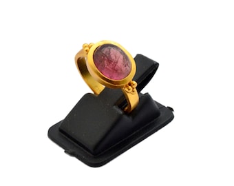 Pink Tourmaline Ring: Gold Plated 925 Sterling Silver Adjustable Gemstone Ring