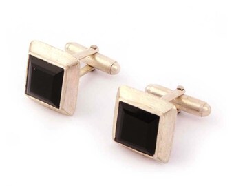 Vierkante manchetknopen van zwarte onyx: sterlingzilveren smokingstekers