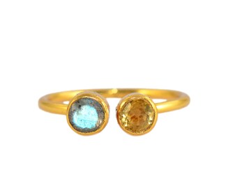 Handgemaakte toi-et-moi-ring met citrien en labradoriet: verguld sterlingzilver