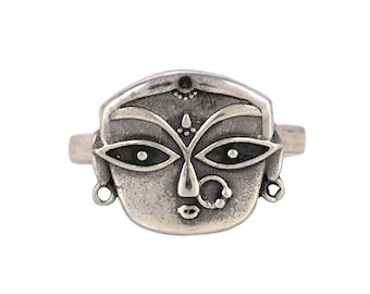 Bague visage de déesse en argent sterling oxydé - Bijoux réglables faits main