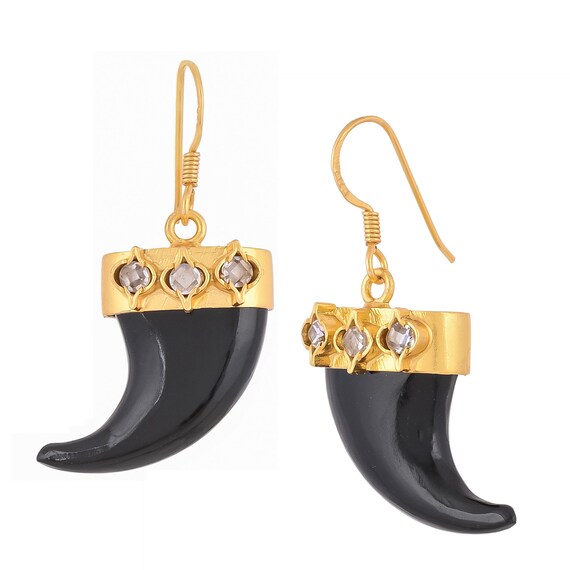Orecchini Gatto In Onice Nero E Argento 925 Placcato Oro 18k | Gioielli Donna E Ragazza Con Scatola Regalo