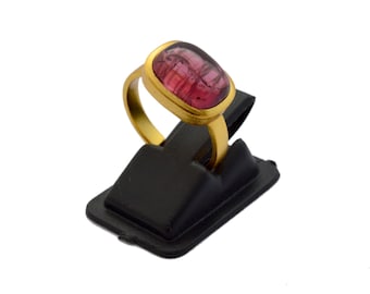 Pink Tourmaline Gemstone Ring: Gold Plated 925 Sterling Silver Adjustable Ring