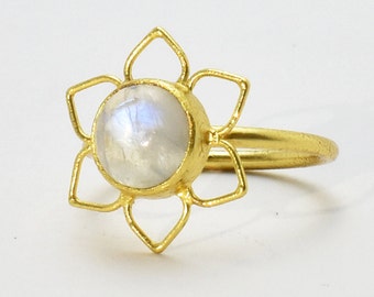 Moonstone Ring, Rainbow Moonstone Floral Ring, Sterling Silver Ring, Gold Plated Ring, Minimalist Ring, Handmade Floral Ring, Gift For Her