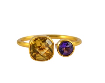 Handgemaakte toi-et-moi-ring met citrien en amethist: verguld sterlingzilver