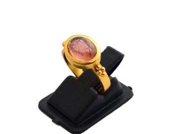 Pink Tourmaline Ring: Gold Plated 925 Sterling Silver Adjustable Gemstone Ring