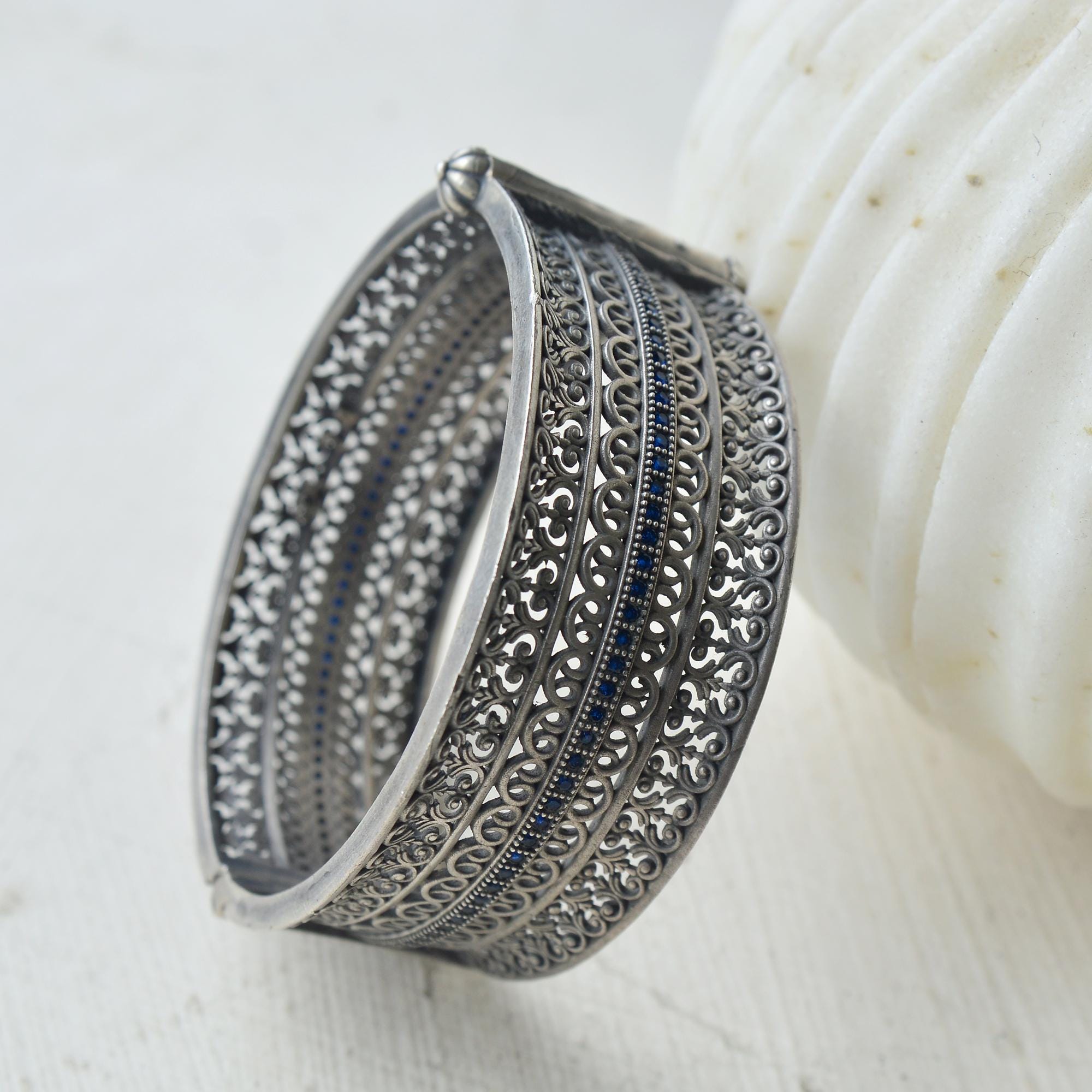 Oxidized Sterling Silver Wide Bangle: Zircon Stone, Boho Bridal