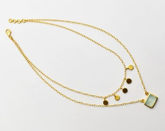 Aqua Chalcedony Sterling Silver Layered Necklace: Gold Plated Coin Pendant