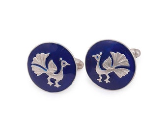 Handcrafted Enamel Cufflinks, Handmade Enamel Cufflinks, 925 Sterling Silver Round Cufflinks, Men Jewelry, Blue Peacock Cufflinks