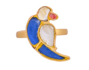 Gold Plated Sterling Silver Parrot Ring: Blue & White Gemstone Bird Jewelry