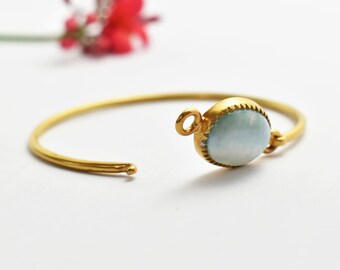 Minimalist Gold Plated Bangle, Natural Larimar Bangle, 925 Sterling Silver Gold Plated Bangle, Handmade Openable Bangle, Gift For Her
