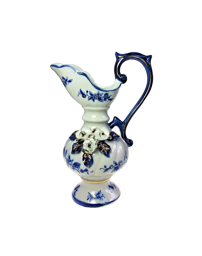 Brinns Ewer Pitcher Vase W Cobalt And White W Gold Applied Etsy