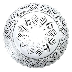 May include: A clear glass plate featuring a scalloped edge and a decorative pattern of etched geometric lines. The center displays a radial arrangement of chevron-like shapes, while the outer rim is adorned with a repeating zigzag pattern.
