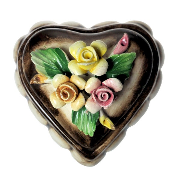 Nuova Capodimonte Hand Painted Ceramic Heart Trinket Ring Box Applied Rose Flowers