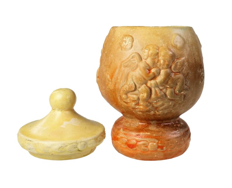 Eggshell Ceramic Cherub Footed Trinket Box Vintage