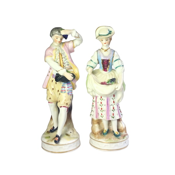 Occupied Japan Figurines 18th Century Couple Ceramic Porcelain Hand Painted