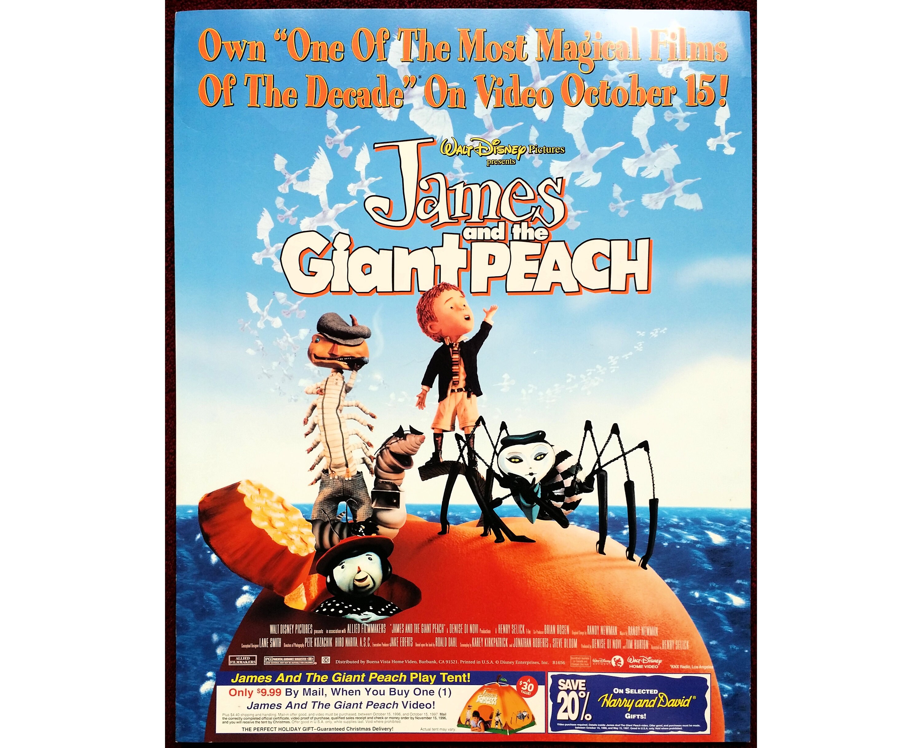 Original James and the Giant Peach 18x27 Movie Poster Disney Anim Roald Dah...