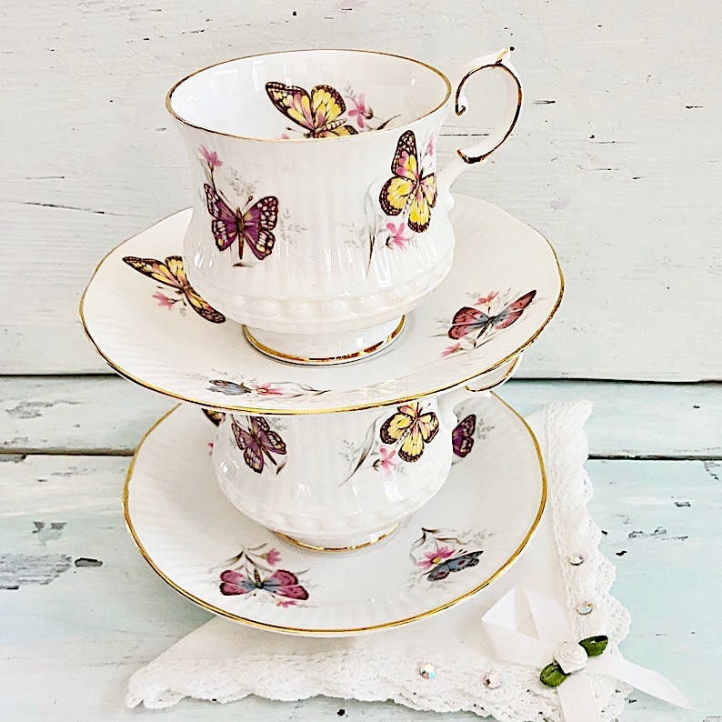 Butterfly Tea Cup and Saucer Vintage Teacup Set Tea for Two Etsy
