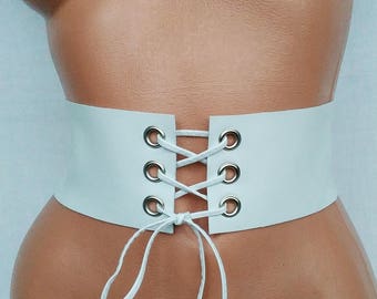 White women's belt Leather corset style belt Wedding Gothic lace up, Bridal Statement accessory Black