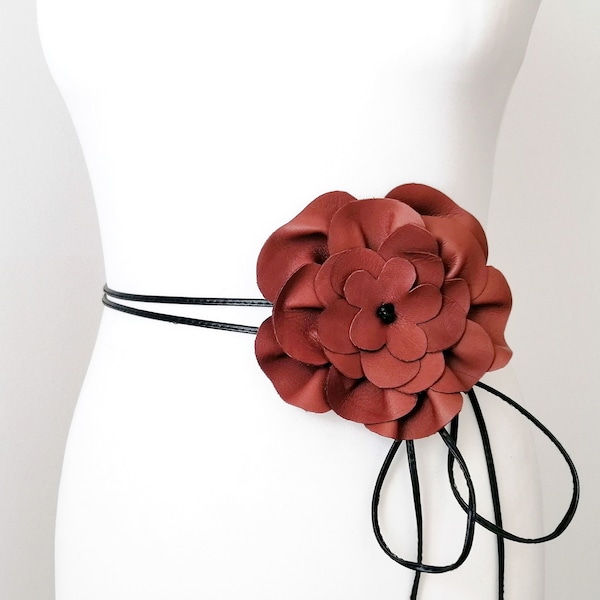 Women's Belt Leather Floral belt Flower Statement accessory Taupe Black belt wrap tie belt Red Brown