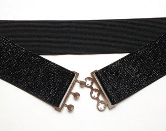 Cintura elasticizzata con glitter nero da 2" Cintura elastica per la vita scintillante Cintura semplice nera e argento da donna
