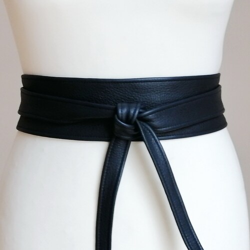 Wide Boho Wrap Navy Blue Leather OBI Belt | Etsy