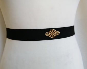 Women's Belt Sparkly Black Elastic Belt Gold filigree appliqué Waist cincher Wedding stretch belt
