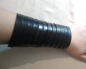 Wide Leather Cuff Bracelet Black Multi Strand Leather Sliced Wristband