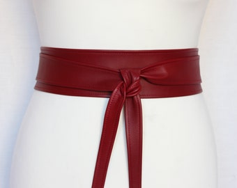 Dark red Obi belt Leather wrap belt Burgundy Wedding Women's belt Waist cincher belt