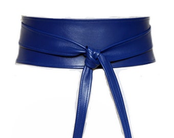 Blue Real Leather Obi Belt Corset Belt Sky Blue Sash Belt Double Wrap Blue Wide Belt Blue Cinch Belt