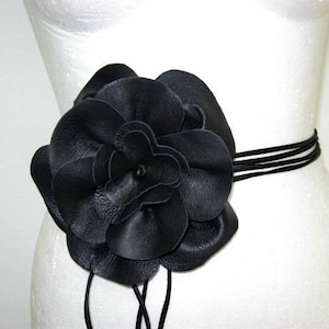 Women's Belt Black Floral Bridal Flower belt Leather belt Black corsage belt wrap tie belt