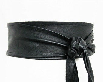 Women's Belt Black Leather belt Wide Obi belt Wrap 3 inch Waist cincher belt Handmade gift