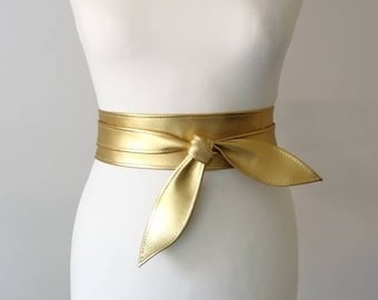 Women's Belt Leather Obi belt Gold White wedding sash wrap belt