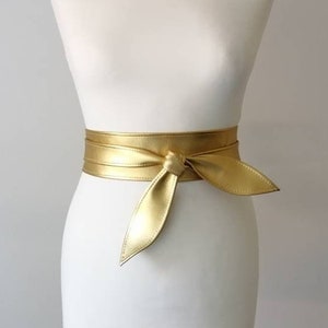 Women's Belt Leather Obi belt Gold White wedding sash wrap belt