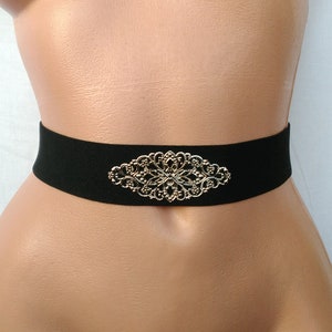 Women&#39;s Belt Black elastic belt Gold filigree brass appliqué Waist cincher Wedding stretch belt