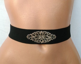Women's Belt Black elastic belt Gold filigree brass appliqué Waist cincher Wedding stretch belt