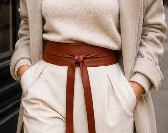 Leren wikkelriem (Obi) bruin, dames tailleband