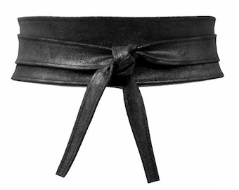 Black Glitter Suede Leather Obi belt Wrap Waist cincher belt