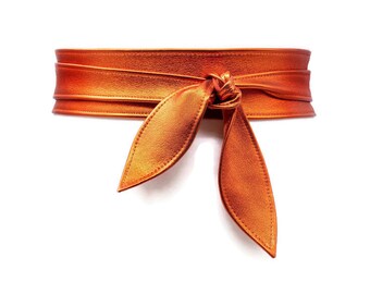 Women's Belt Leather Obi belt Orange metallic White wedding sash wrap belt Sunburst orange belt