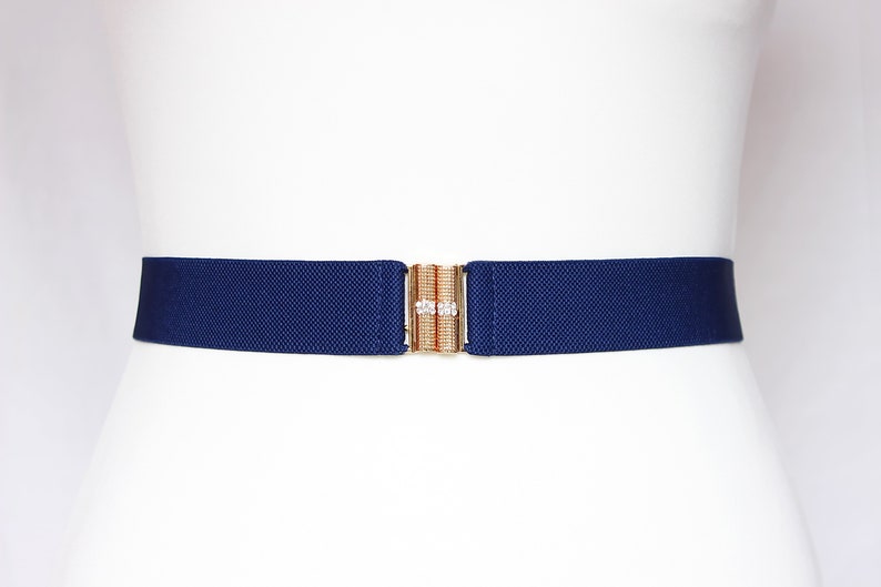 Belt with gold buckle Navy blue stretch Women's Skinny Etsy