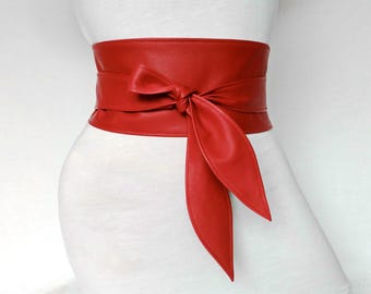 Leather Wrap Tie Belt Red Vintage Vintage Designer Inspo Leather Camellia Flower Wrap Belt Red  main image 3