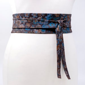 Leather Obi belt Wrap Brown Blue floral print Bridal Waist cincher belt wide Boho flower belt
