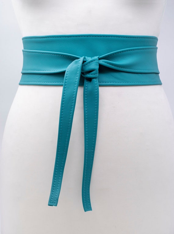 Women's Belt Teal Blue Leather Belt Wide Obi Belt Wrap 3 Inch