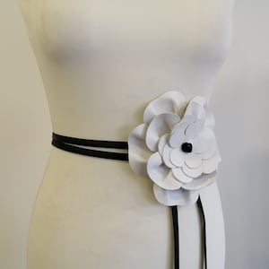 Women's Belt White Leather Floral belt Flower Statement accessory Taupe Black belt wrap tie belt Red Brown
