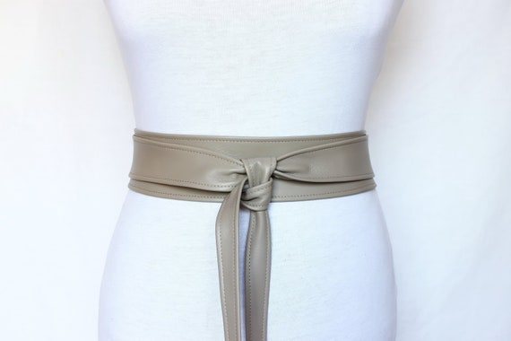 Leather Obi belt Taupe / Olive Gray Waist cincher wrap | Etsy