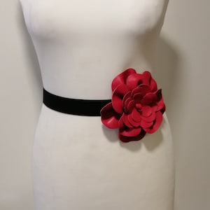 Black Leather belt Flower stretch belt Black belt genuine Italian leather